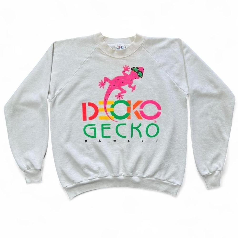Vintage 80s Neon Retro Hawaiian Deck Gecko Animal Nature Crewneck USA L